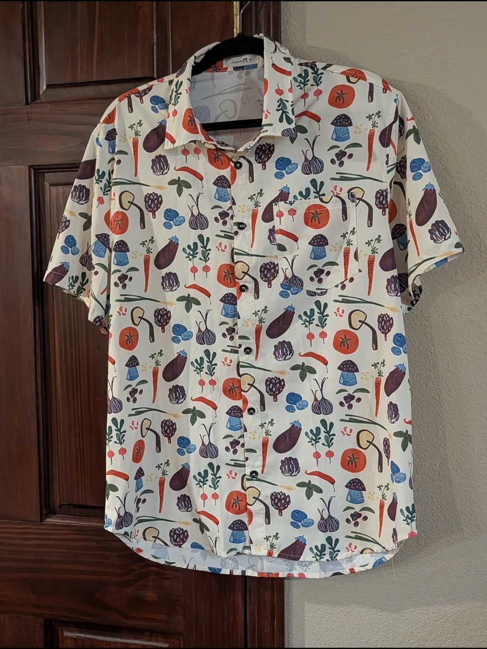 ROMWE Cream Short-Sleeve Button-Down with Colorful Vegetable Print